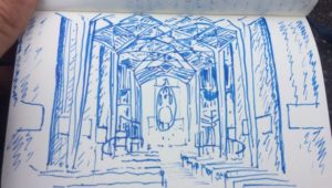 Pen and ink sketch showing the nave of Coventry Cathederal