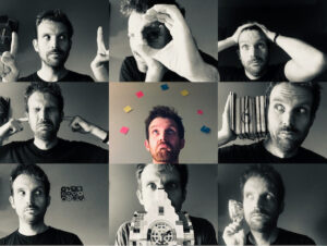 montage of 9 photos in which Oliver Broadbent is miming different tools in the Eiffel Over creative tool box.