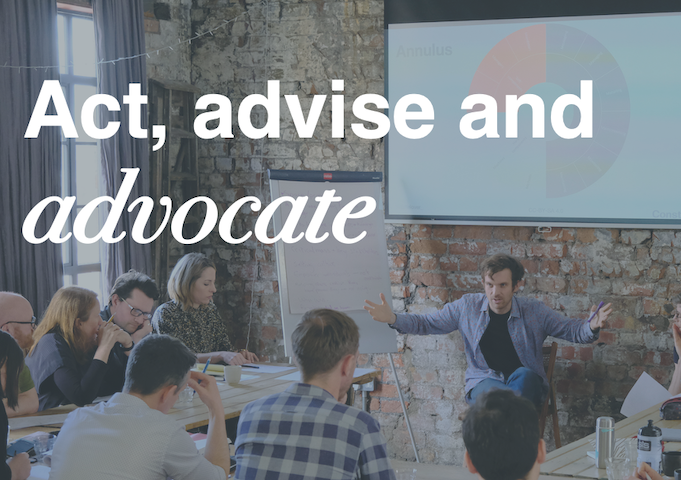 A picture of a training workshop with the words act advise advocate written over the image