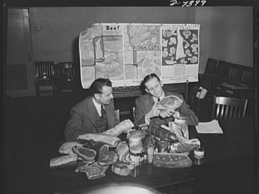 Press conference on meat rationing. J.H. Westing (left), assistant director of Office of Price Administration's (OPA) Food Rationing Division, and Leon Bosch, head of Point Control Development show reporters, at press conference held March 20, papier-mache meat cuts to illustrate point values. I have used this image to illustrate the message take the meat out of meetings
