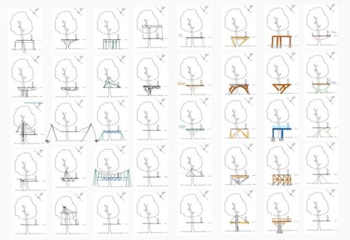 Array of 40 sketches of a tree house, with different structural configurations for each