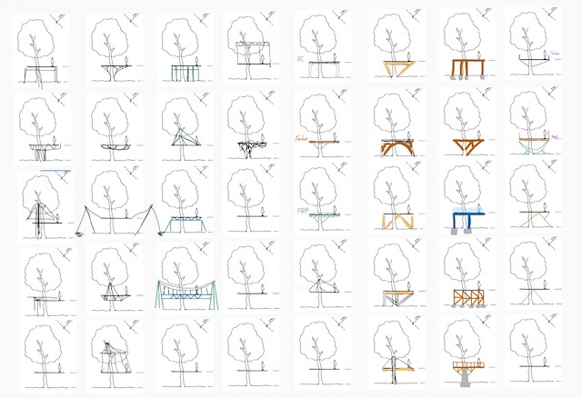 Array of 40 sketches of a tree house, with different structural configurations for each
